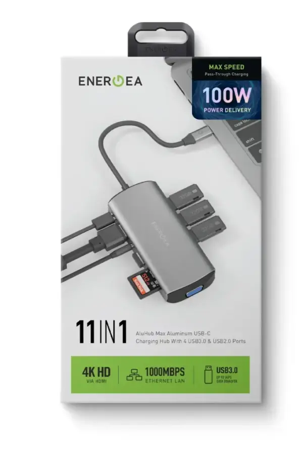 ENERGEA 11IN1 ALUHUB MAX ALUMINUM USB-C CHARGING HUB WITH 4 USB3.0 & USB2.0 PORTS | 100W